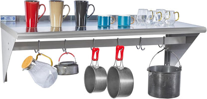 Hally Stainless Steel Shelf with 6 Hooks 12"x48" Wall Mounted Pot Rack NSF