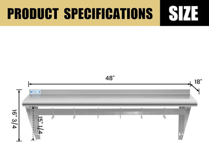 Hally Stainless Steel Shelf with 6 Hooks 12"x48" Wall Mounted Pot Rack NSF