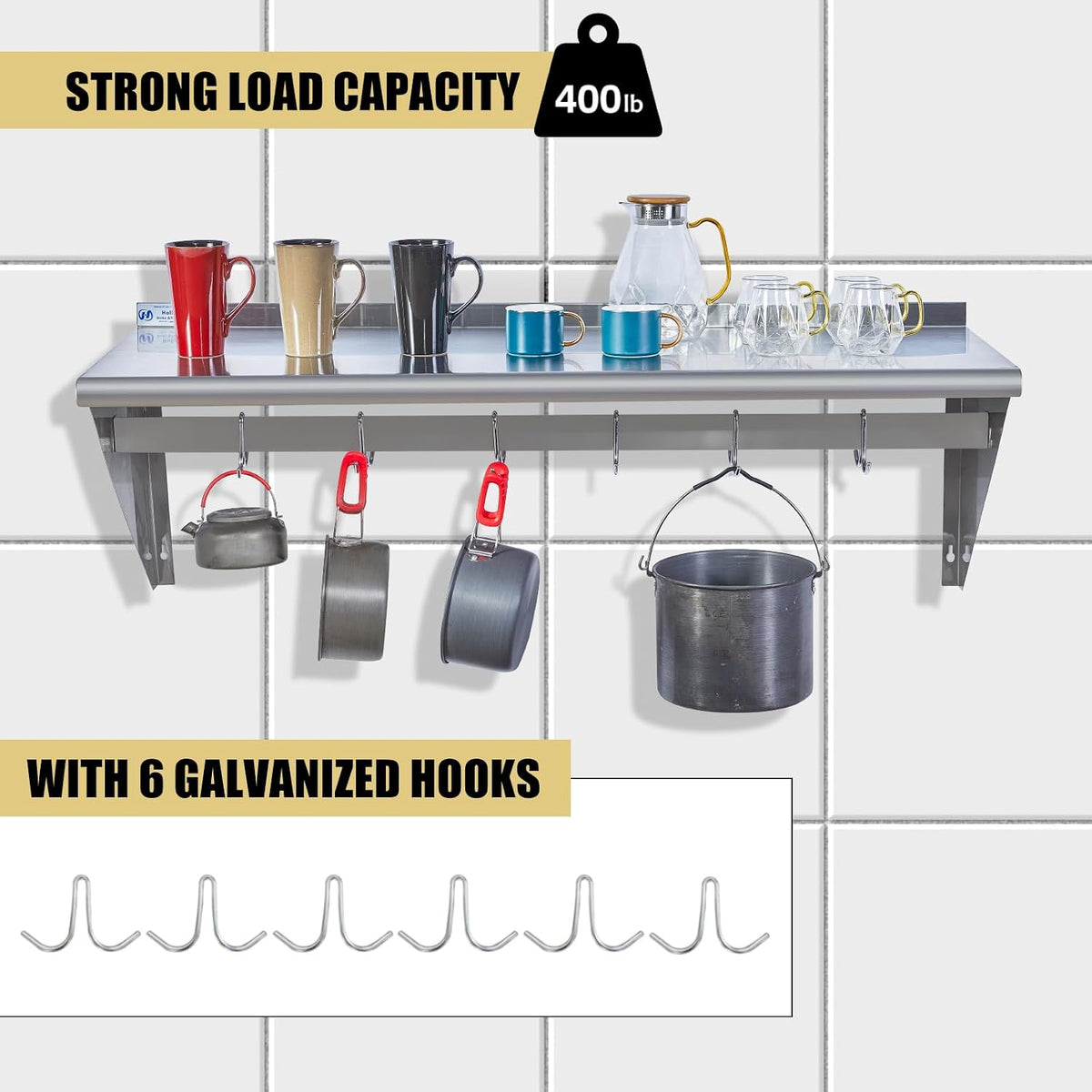 Hally Stainless Steel Shelf with 6 Hooks 12"x48" Wall Mounted Pot Rack NSF
