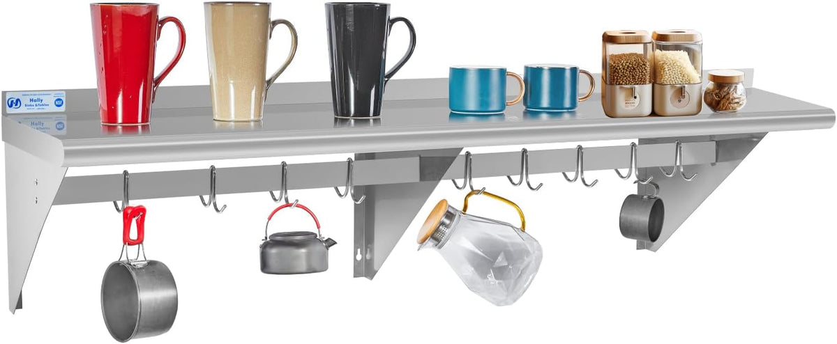 Hally Stainless Steel Shelf with 6 Hooks 12"x48" Wall Mounted Pot Rack NSF