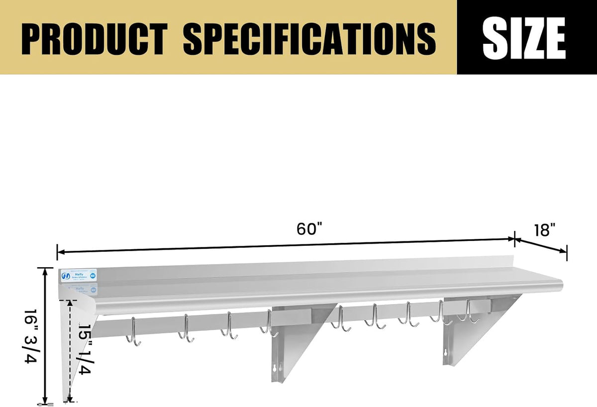 Hally Stainless Steel Shelf with 6 Hooks 12"x48" Wall Mounted Pot Rack NSF