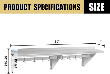 Hally Stainless Steel Shelf with 6 Hooks 12"x48" Wall Mounted Pot Rack NSF