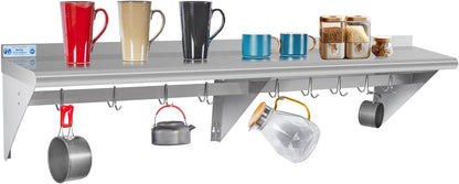 Hally Stainless Steel Shelf with 6 Hooks 12"x48" Wall Mounted Pot Rack NSF