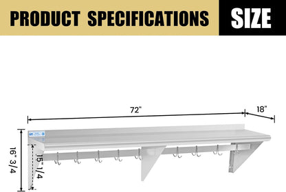 Hally Stainless Steel Shelf with 6 Hooks 12"x48" Wall Mounted Pot Rack NSF