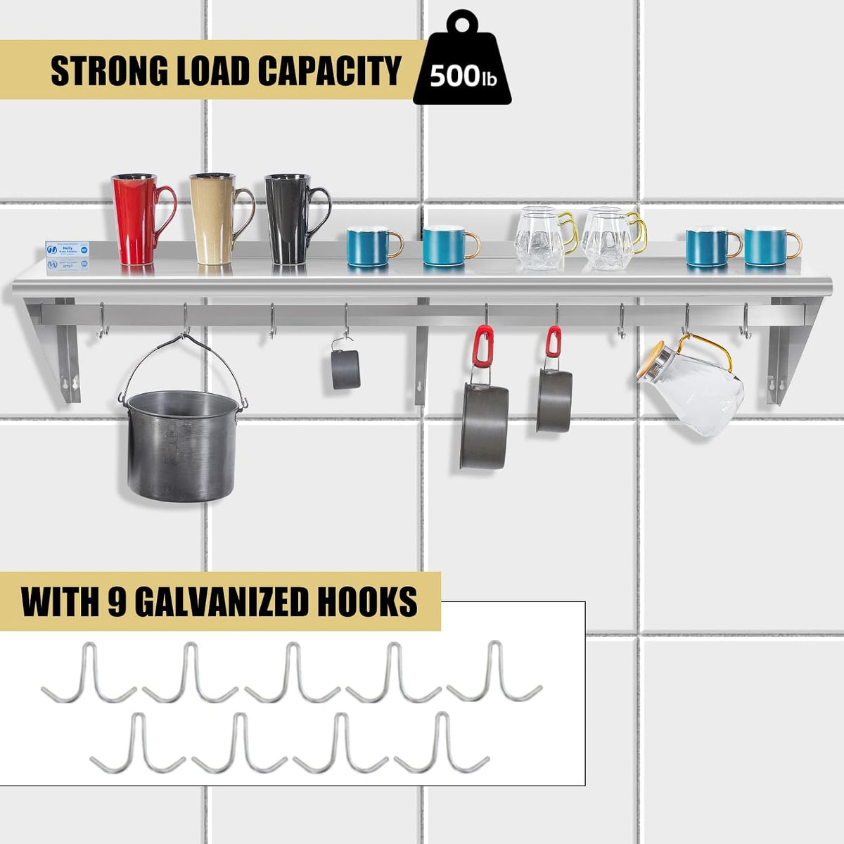 Hally Stainless Steel Shelf with 6 Hooks 12"x48" Wall Mounted Pot Rack NSF
