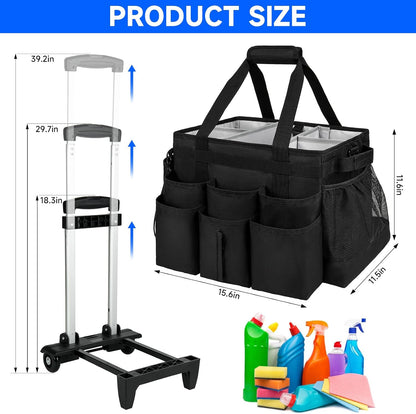 Large Rolling Cleaning Caddy Bag with Detachable Trolley,Cleaning Cart on Wheels with Shoulder Strap,Cleaning Supplies Organizer for Housekeepers,Black