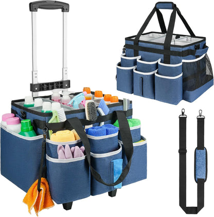 Large Rolling Cleaning Caddy Bag with Detachable Trolley,Cleaning Cart on Wheels with Shoulder Strap,Cleaning Supplies Organizer for Housekeepers,Black