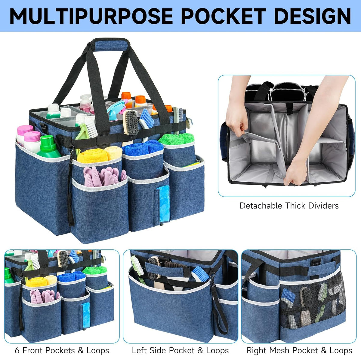 Large Rolling Cleaning Caddy Bag with Detachable Trolley,Cleaning Cart on Wheels with Shoulder Strap,Cleaning Supplies Organizer for Housekeepers,Black