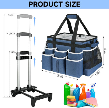 Large Rolling Cleaning Caddy Bag with Detachable Trolley,Cleaning Cart on Wheels with Shoulder Strap,Cleaning Supplies Organizer for Housekeepers,Black