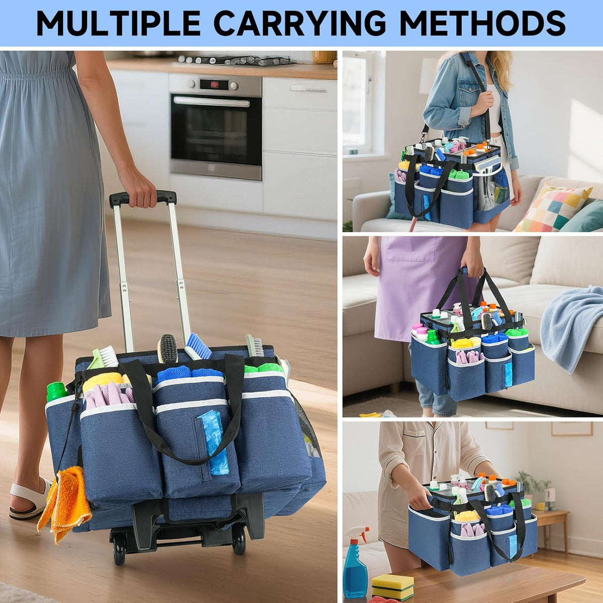 Large Rolling Cleaning Caddy Bag with Detachable Trolley,Cleaning Cart on Wheels with Shoulder Strap,Cleaning Supplies Organizer for Housekeepers,Black