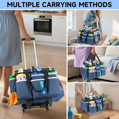 Large Rolling Cleaning Caddy Bag with Detachable Trolley,Cleaning Cart on Wheels with Shoulder Strap,Cleaning Supplies Organizer for Housekeepers,Black