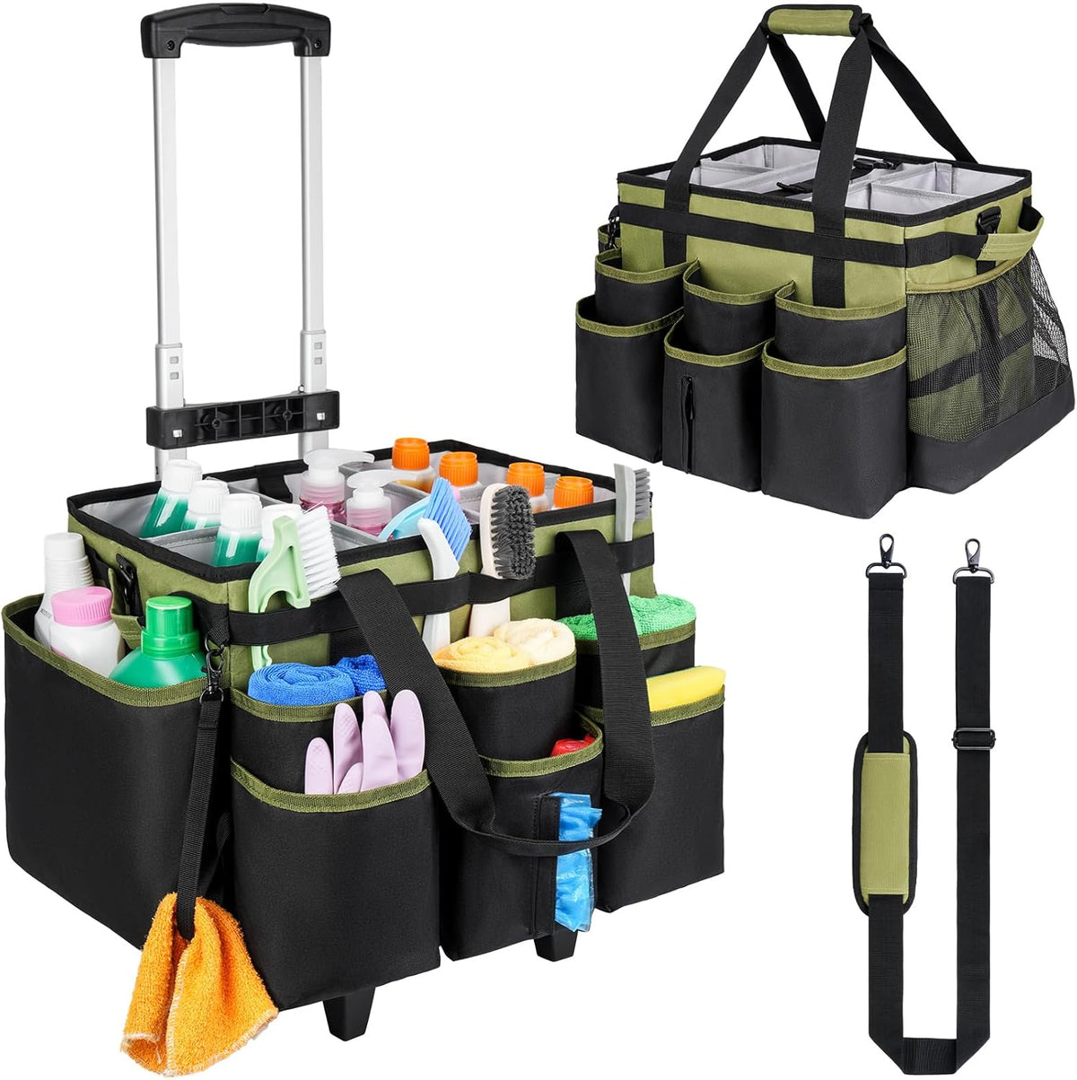 Large Rolling Cleaning Caddy Bag with Detachable Trolley,Cleaning Cart on Wheels with Shoulder Strap,Cleaning Supplies Organizer for Housekeepers,Black