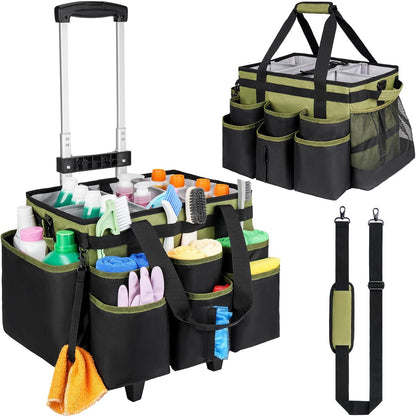 Large Rolling Cleaning Caddy Bag with Detachable Trolley,Cleaning Cart on Wheels with Shoulder Strap,Cleaning Supplies Organizer for Housekeepers,Black