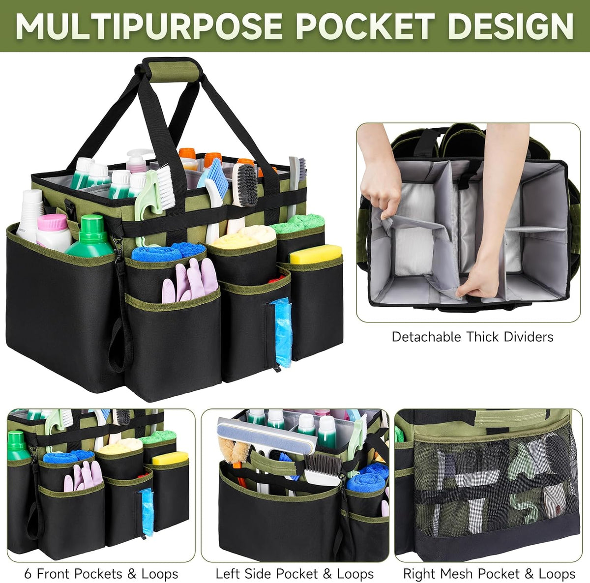 Large Rolling Cleaning Caddy Bag with Detachable Trolley,Cleaning Cart on Wheels with Shoulder Strap,Cleaning Supplies Organizer for Housekeepers,Black