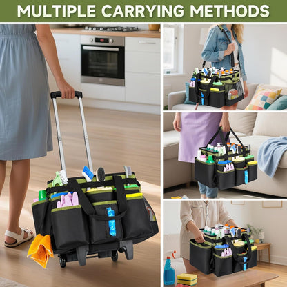 Large Rolling Cleaning Caddy Bag with Detachable Trolley,Cleaning Cart on Wheels with Shoulder Strap,Cleaning Supplies Organizer for Housekeepers,Black