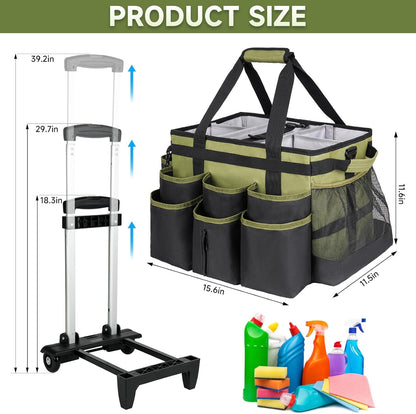 Large Rolling Cleaning Caddy Bag with Detachable Trolley,Cleaning Cart on Wheels with Shoulder Strap,Cleaning Supplies Organizer for Housekeepers,Black