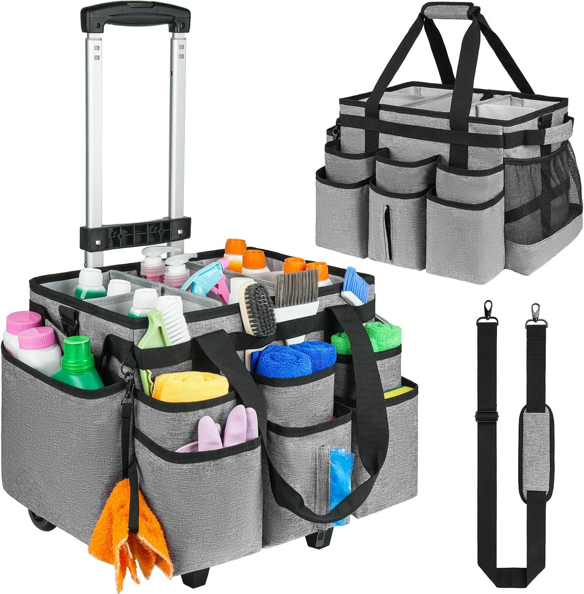 Large Rolling Cleaning Caddy Bag with Detachable Trolley,Cleaning Cart on Wheels with Shoulder Strap,Cleaning Supplies Organizer for Housekeepers,Black
