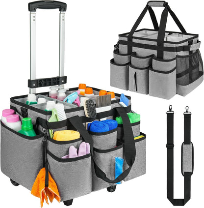 Large Rolling Cleaning Caddy Bag with Detachable Trolley,Cleaning Cart on Wheels with Shoulder Strap,Cleaning Supplies Organizer for Housekeepers,Black