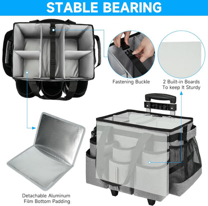 Large Rolling Cleaning Caddy Bag with Detachable Trolley,Cleaning Cart on Wheels with Shoulder Strap,Cleaning Supplies Organizer for Housekeepers,Black