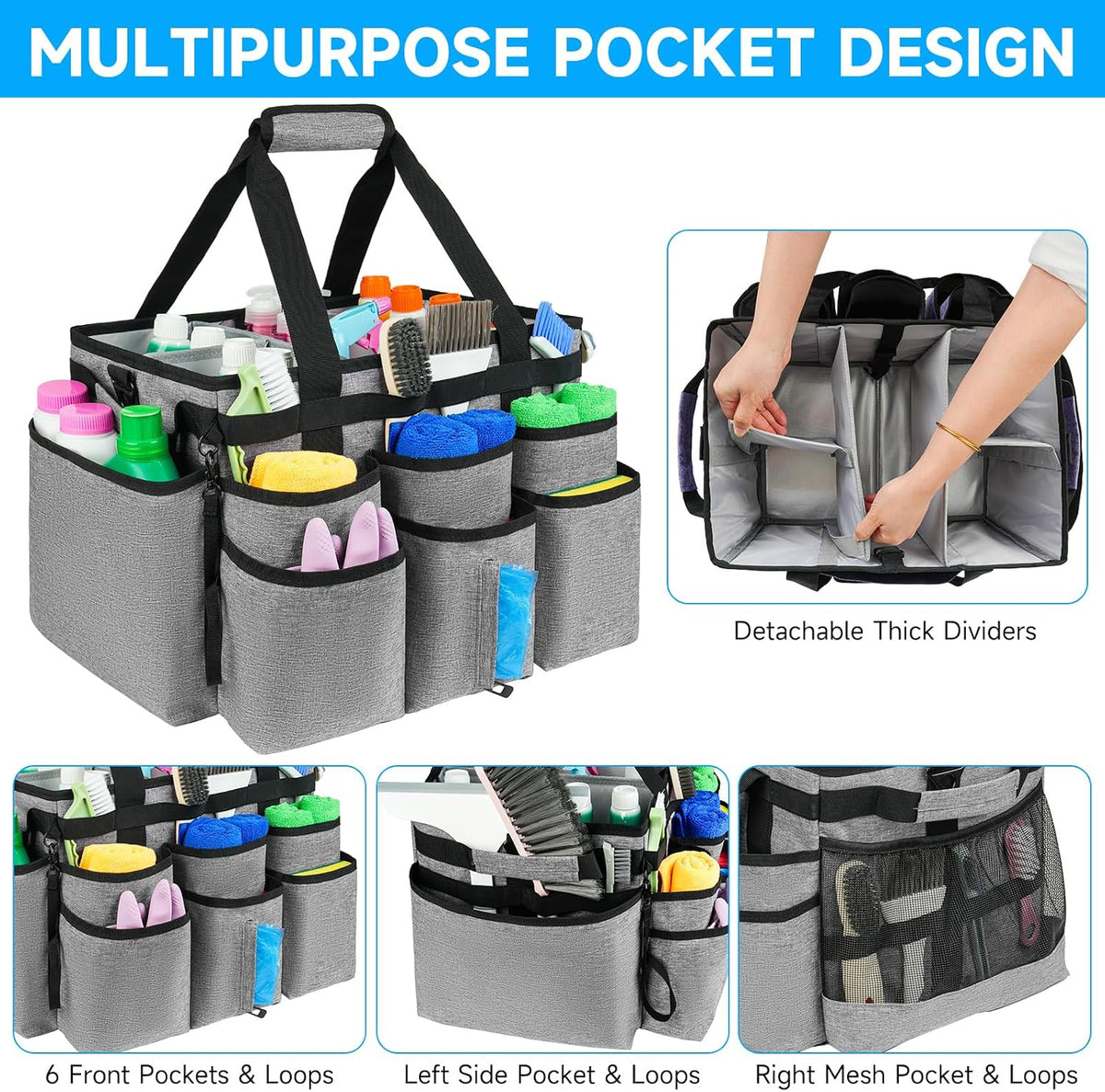 Large Rolling Cleaning Caddy Bag with Detachable Trolley,Cleaning Cart on Wheels with Shoulder Strap,Cleaning Supplies Organizer for Housekeepers,Black