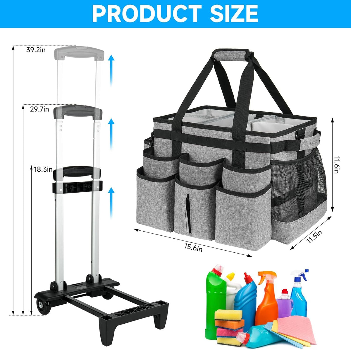 Large Rolling Cleaning Caddy Bag with Detachable Trolley,Cleaning Cart on Wheels with Shoulder Strap,Cleaning Supplies Organizer for Housekeepers,Black