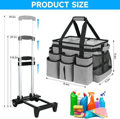 Large Rolling Cleaning Caddy Bag with Detachable Trolley,Cleaning Cart on Wheels with Shoulder Strap,Cleaning Supplies Organizer for Housekeepers,Black
