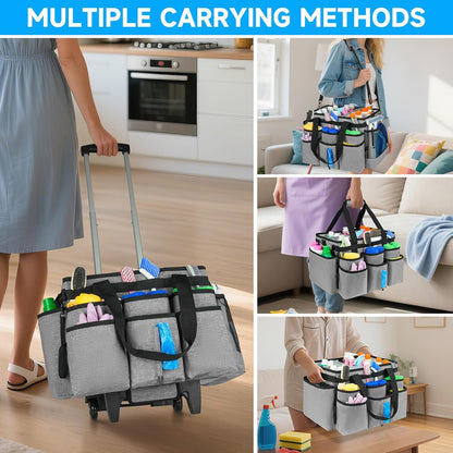 Large Rolling Cleaning Caddy Bag with Detachable Trolley,Cleaning Cart on Wheels with Shoulder Strap,Cleaning Supplies Organizer for Housekeepers,Black