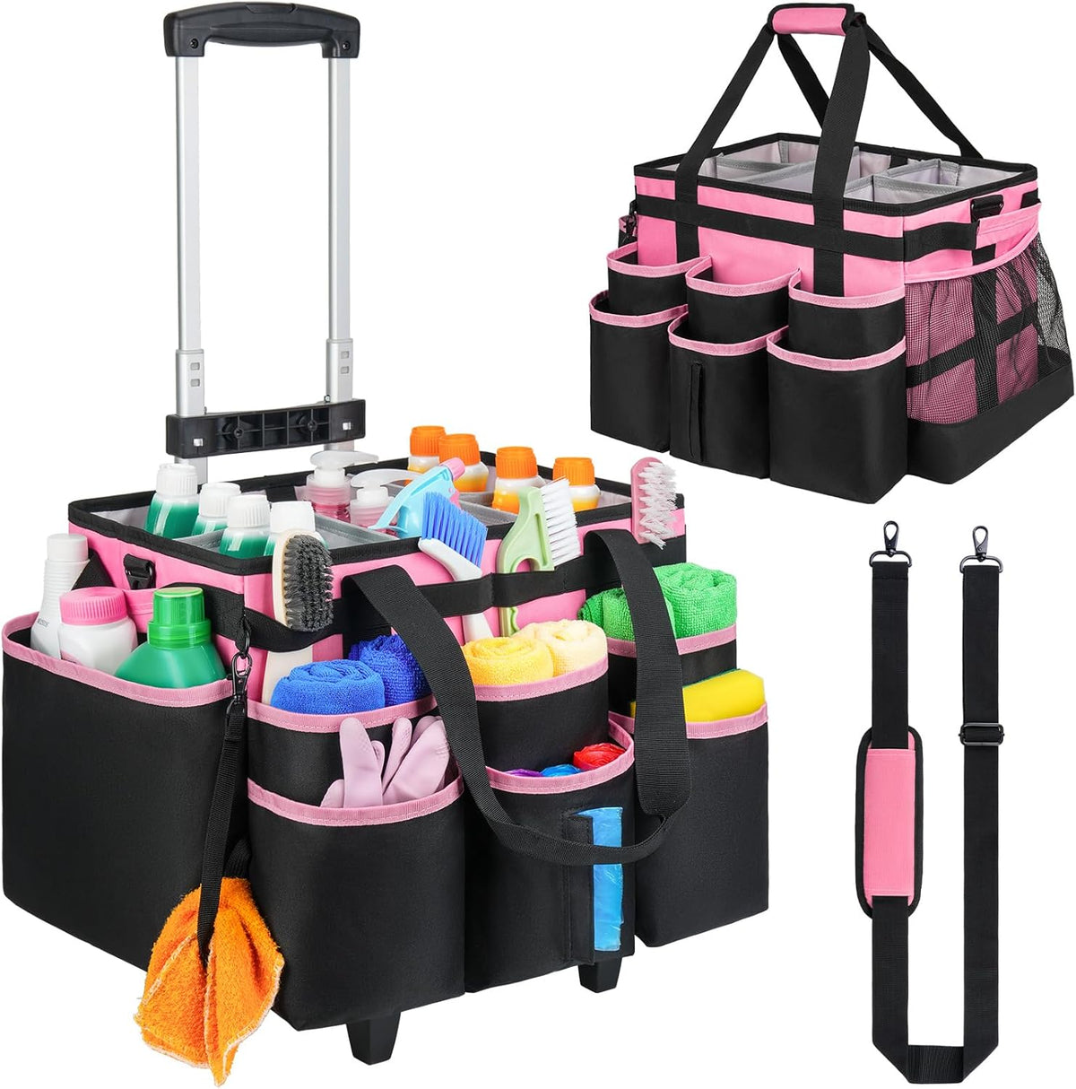 Large Rolling Cleaning Caddy Bag with Detachable Trolley,Cleaning Cart on Wheels with Shoulder Strap,Cleaning Supplies Organizer for Housekeepers,Black