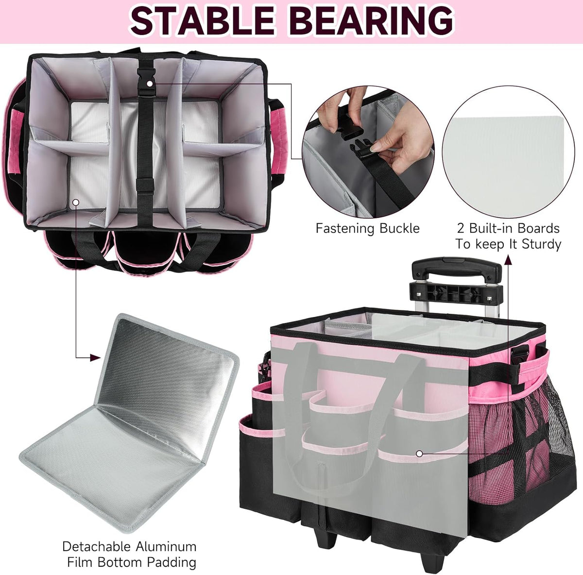 Large Rolling Cleaning Caddy Bag with Detachable Trolley,Cleaning Cart on Wheels with Shoulder Strap,Cleaning Supplies Organizer for Housekeepers,Black
