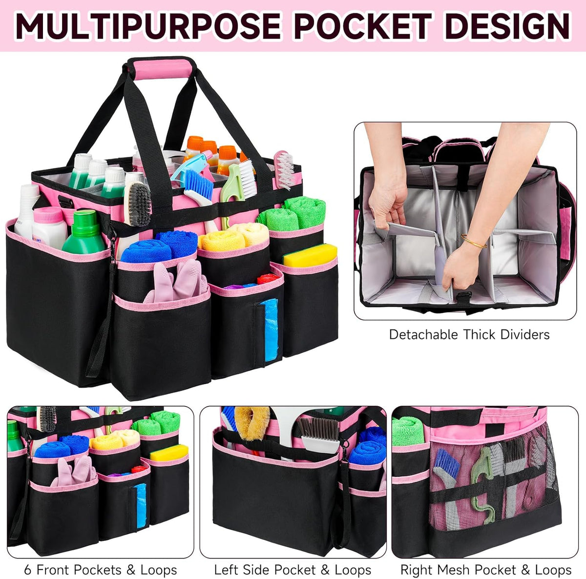 Large Rolling Cleaning Caddy Bag with Detachable Trolley,Cleaning Cart on Wheels with Shoulder Strap,Cleaning Supplies Organizer for Housekeepers,Black