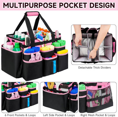 Large Rolling Cleaning Caddy Bag with Detachable Trolley,Cleaning Cart on Wheels with Shoulder Strap,Cleaning Supplies Organizer for Housekeepers,Black