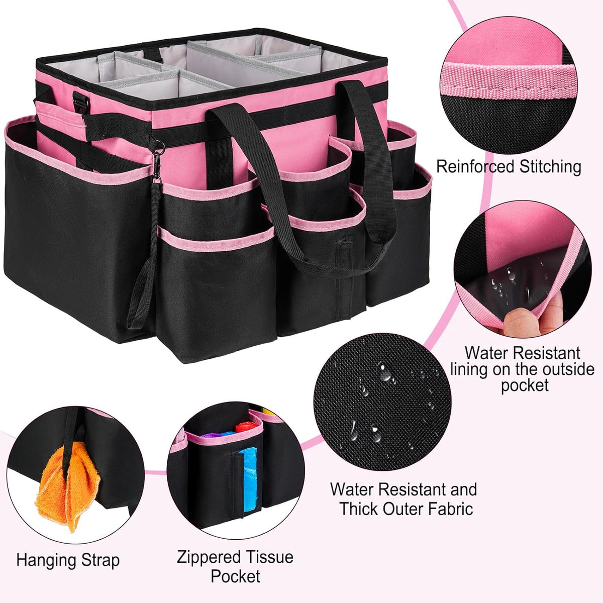 Large Rolling Cleaning Caddy Bag with Detachable Trolley,Cleaning Cart on Wheels with Shoulder Strap,Cleaning Supplies Organizer for Housekeepers,Black