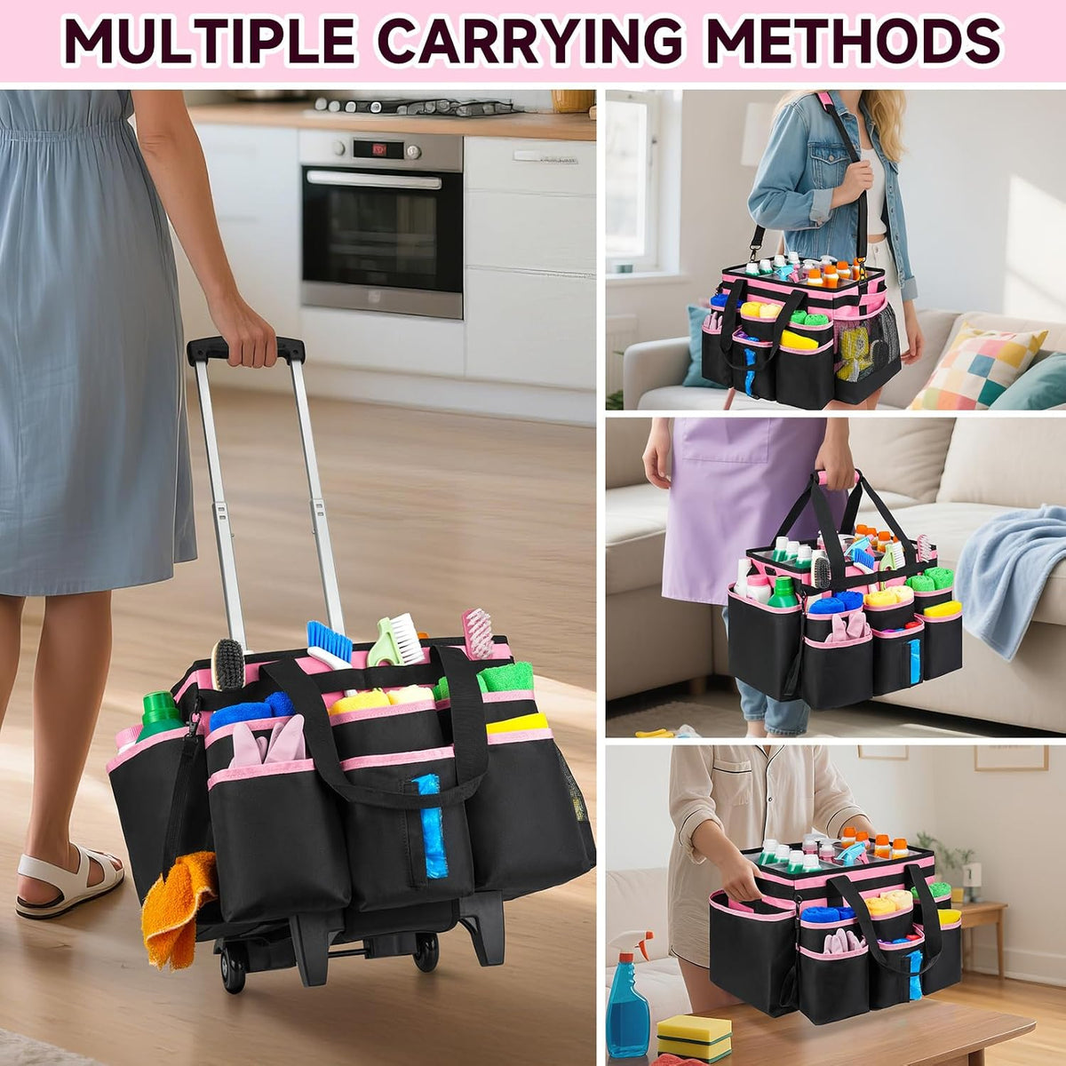 Large Rolling Cleaning Caddy Bag with Detachable Trolley,Cleaning Cart on Wheels with Shoulder Strap,Cleaning Supplies Organizer for Housekeepers,Black
