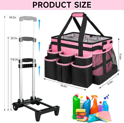 Large Rolling Cleaning Caddy Bag with Detachable Trolley,Cleaning Cart on Wheels with Shoulder Strap,Cleaning Supplies Organizer for Housekeepers,Black