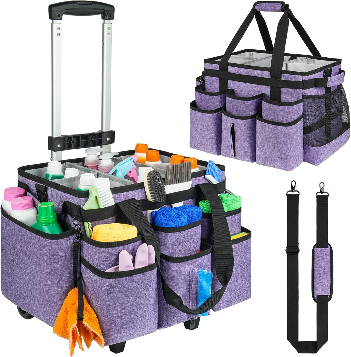 Large Rolling Cleaning Caddy Bag with Detachable Trolley,Cleaning Cart on Wheels with Shoulder Strap,Cleaning Supplies Organizer for Housekeepers,Black