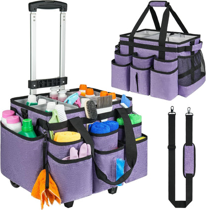 Large Rolling Cleaning Caddy Bag with Detachable Trolley,Cleaning Cart on Wheels with Shoulder Strap,Cleaning Supplies Organizer for Housekeepers,Black