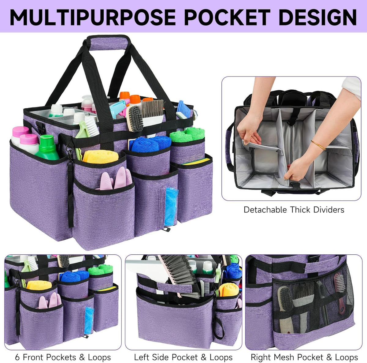 Large Rolling Cleaning Caddy Bag with Detachable Trolley,Cleaning Cart on Wheels with Shoulder Strap,Cleaning Supplies Organizer for Housekeepers,Black