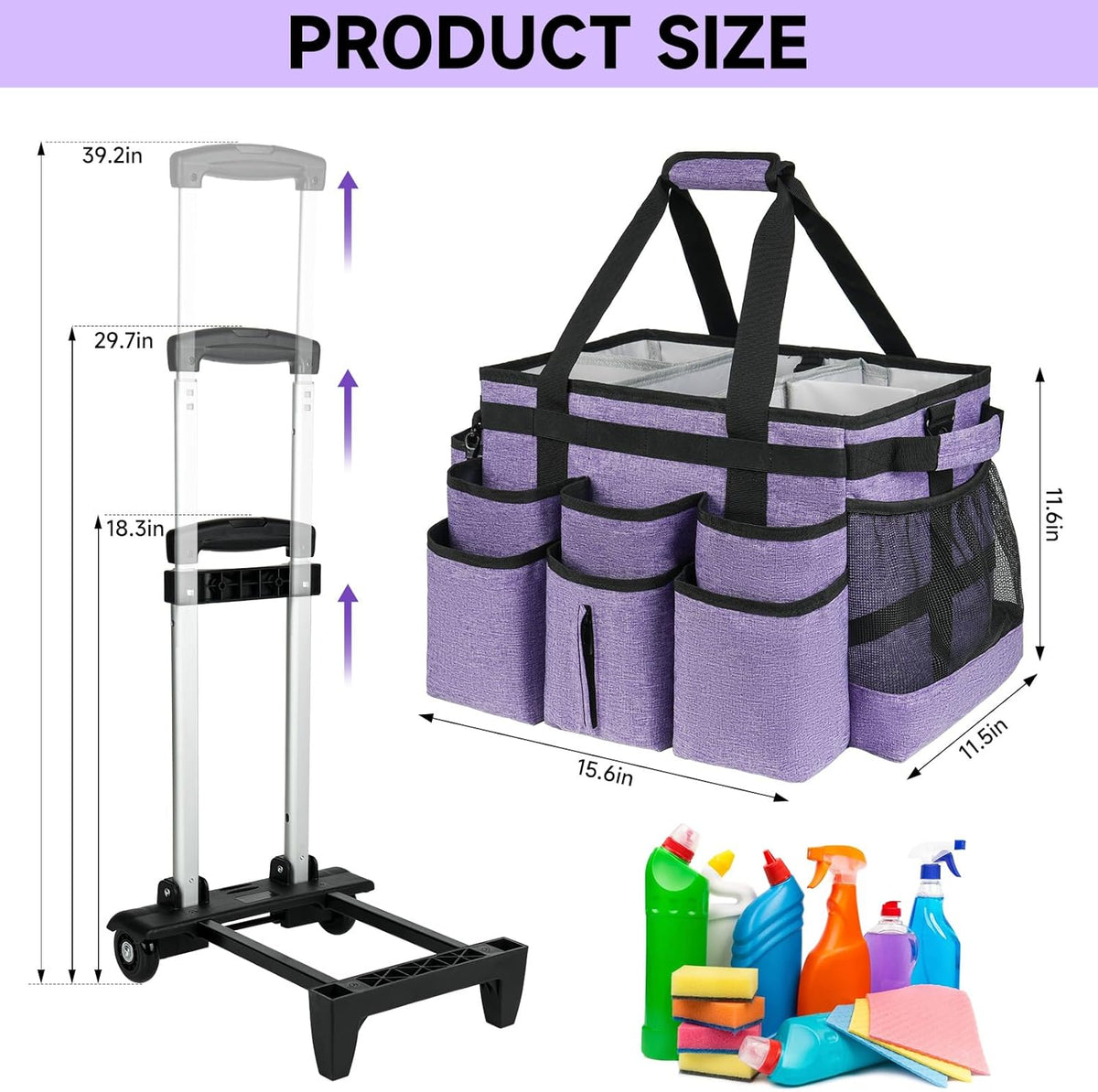 Large Rolling Cleaning Caddy Bag with Detachable Trolley,Cleaning Cart on Wheels with Shoulder Strap,Cleaning Supplies Organizer for Housekeepers,Black