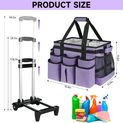 Large Rolling Cleaning Caddy Bag with Detachable Trolley,Cleaning Cart on Wheels with Shoulder Strap,Cleaning Supplies Organizer for Housekeepers,Black