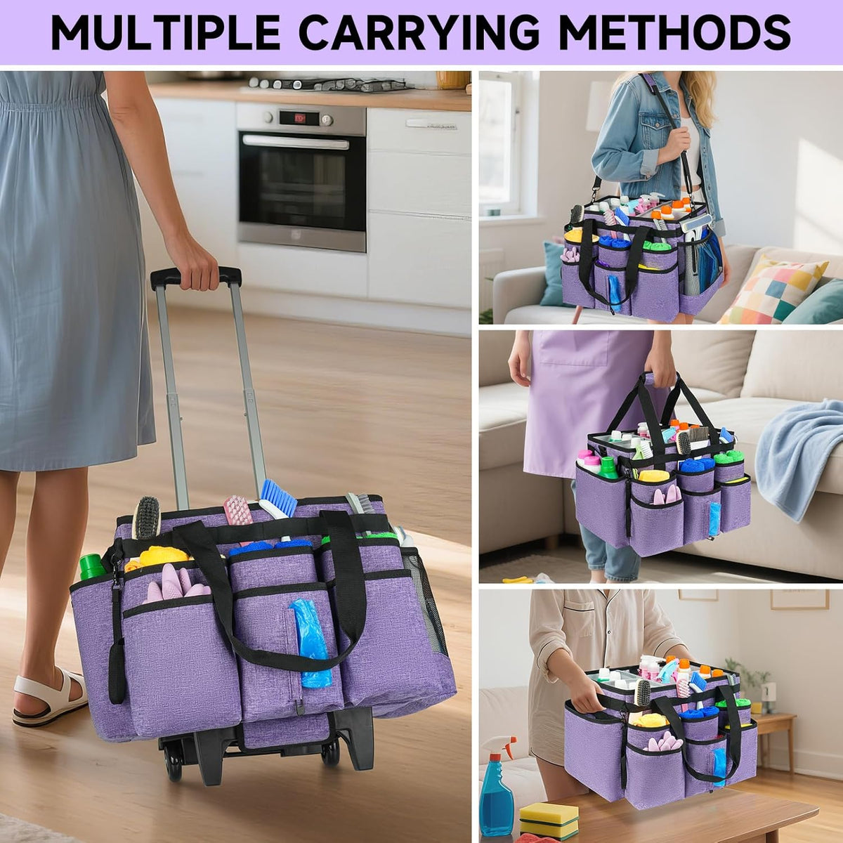 Large Rolling Cleaning Caddy Bag with Detachable Trolley,Cleaning Cart on Wheels with Shoulder Strap,Cleaning Supplies Organizer for Housekeepers,Black