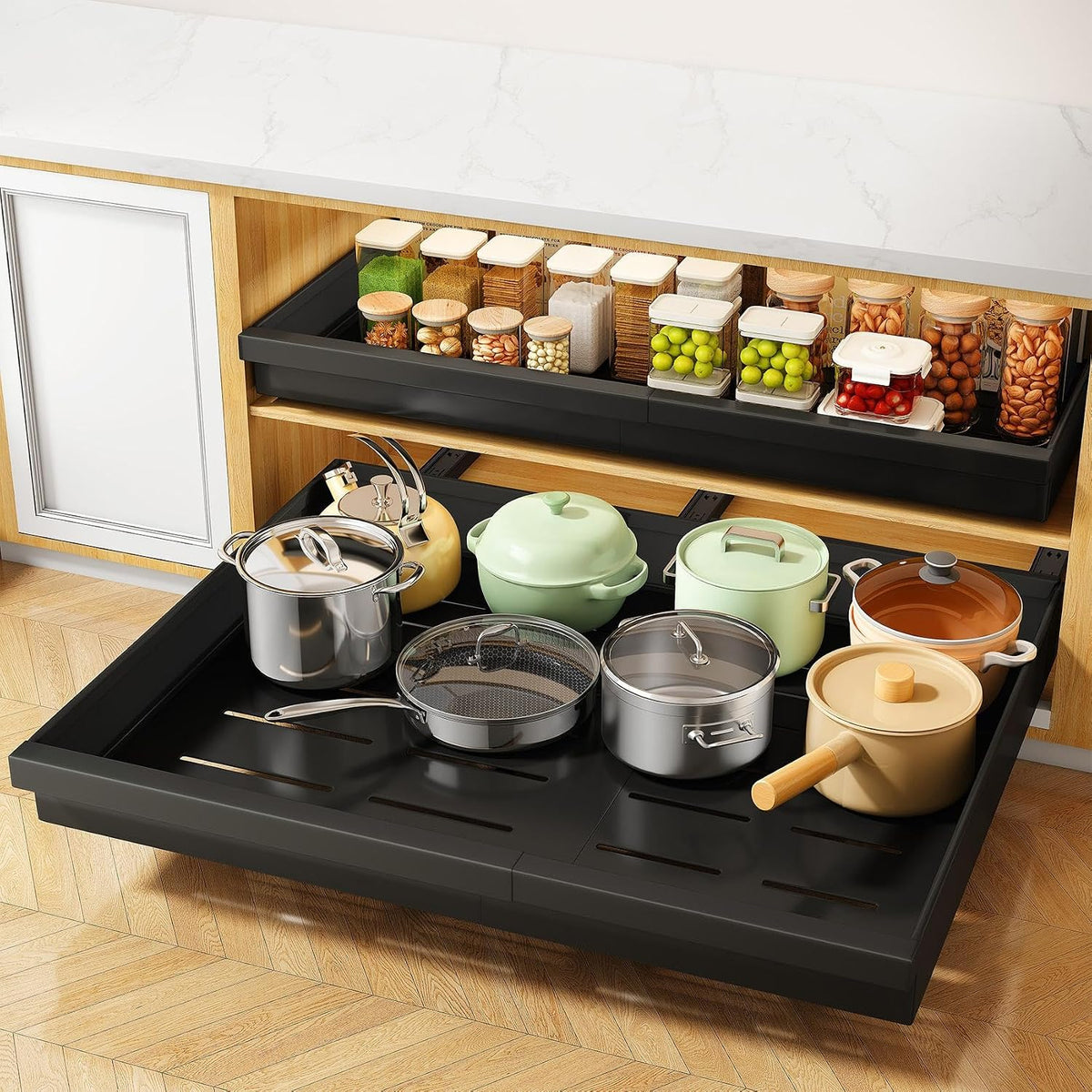Pull out Cabinet Organizer, Expandable(13.6"-24") Silde out Drawers with Raising Pad for Framed Cabinets, Adjustable Full-Extension Adhesive Roll out Shelves for Kitchen Pantry Home Pot and Pan