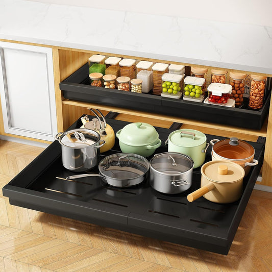 Pull out Cabinet Organizer, Expandable(13.6"-24") Silde out Drawers with Raising Pad for Framed Cabinets, Adjustable Full-Extension Adhesive Roll out Shelves for Kitchen Pantry Home Pot and Pan