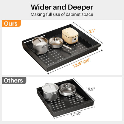 Pull out Cabinet Organizer, Expandable(13.6"-24") Silde out Drawers with Raising Pad for Framed Cabinets, Adjustable Full-Extension Adhesive Roll out Shelves for Kitchen Pantry Home Pot and Pan