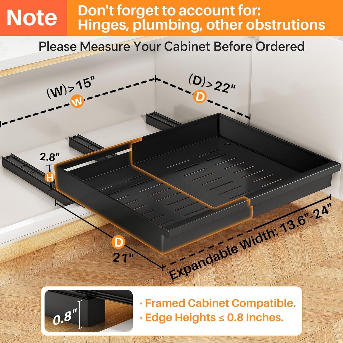 Pull out Cabinet Organizer, Expandable(13.6"-24") Silde out Drawers with Raising Pad for Framed Cabinets, Adjustable Full-Extension Adhesive Roll out Shelves for Kitchen Pantry Home Pot and Pan