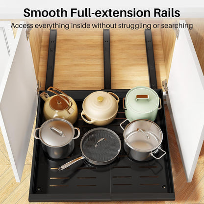 Pull out Cabinet Organizer, Expandable(13.6"-24") Silde out Drawers with Raising Pad for Framed Cabinets, Adjustable Full-Extension Adhesive Roll out Shelves for Kitchen Pantry Home Pot and Pan