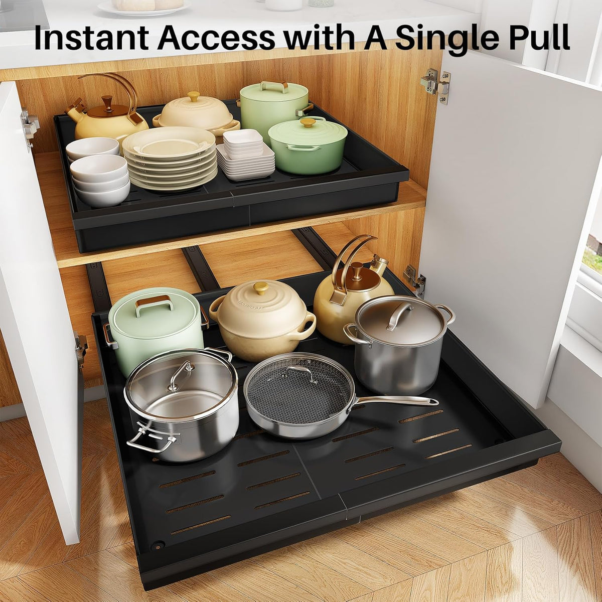 Pull out Cabinet Organizer, Expandable(13.6"-24") Silde out Drawers with Raising Pad for Framed Cabinets, Adjustable Full-Extension Adhesive Roll out Shelves for Kitchen Pantry Home Pot and Pan