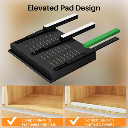 Pull out Cabinet Organizer, Expandable(13.6"-24") Silde out Drawers with Raising Pad for Framed Cabinets, Adjustable Full-Extension Adhesive Roll out Shelves for Kitchen Pantry Home Pot and Pan