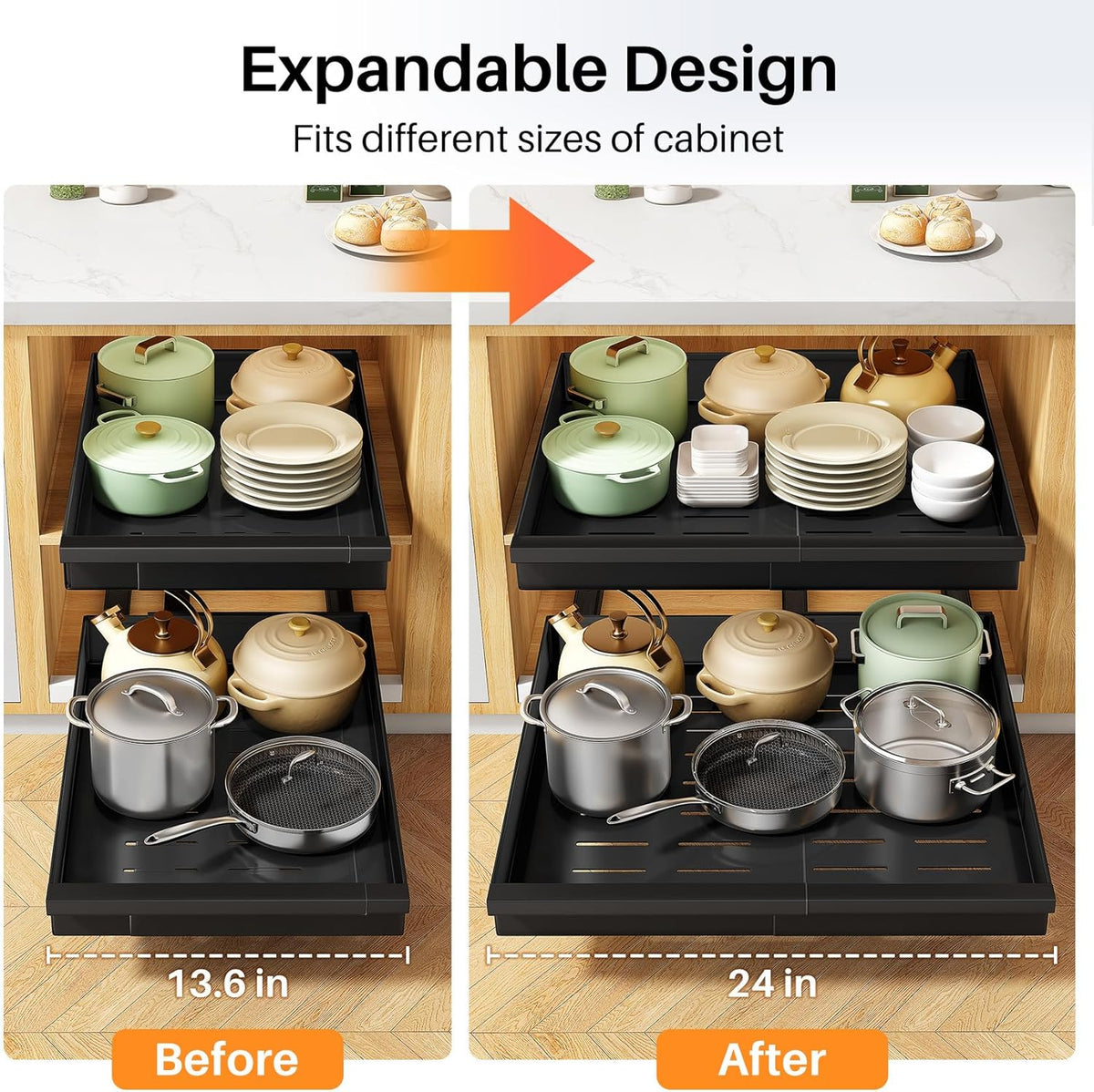 Pull out Cabinet Organizer, Expandable(13.6"-24") Silde out Drawers with Raising Pad for Framed Cabinets, Adjustable Full-Extension Adhesive Roll out Shelves for Kitchen Pantry Home Pot and Pan