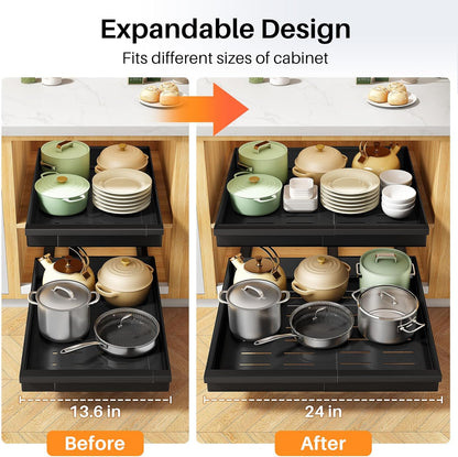 Pull out Cabinet Organizer, Expandable(13.6"-24") Silde out Drawers with Raising Pad for Framed Cabinets, Adjustable Full-Extension Adhesive Roll out Shelves for Kitchen Pantry Home Pot and Pan