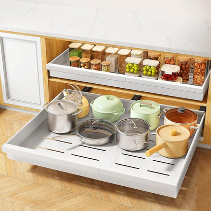 Pull out Cabinet Organizer, Expandable(13.6"-24") Silde out Drawers with Raising Pad for Framed Cabinets, Adjustable Full-Extension Adhesive Roll out Shelves for Kitchen Pantry Home Pot and Pan